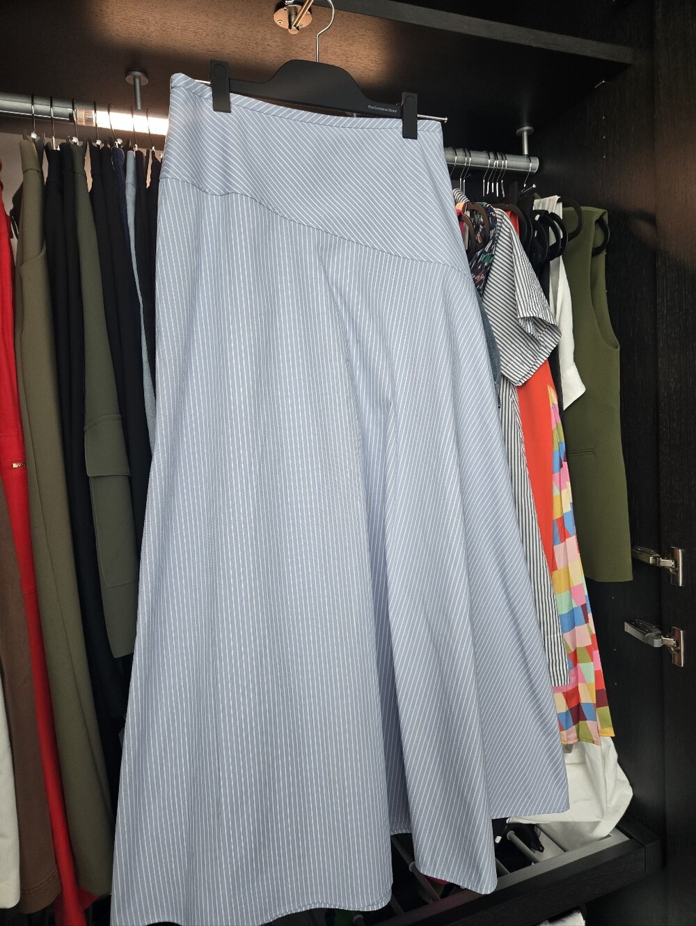 Angled Yoke Skirt in Striped Cotton-Blend
